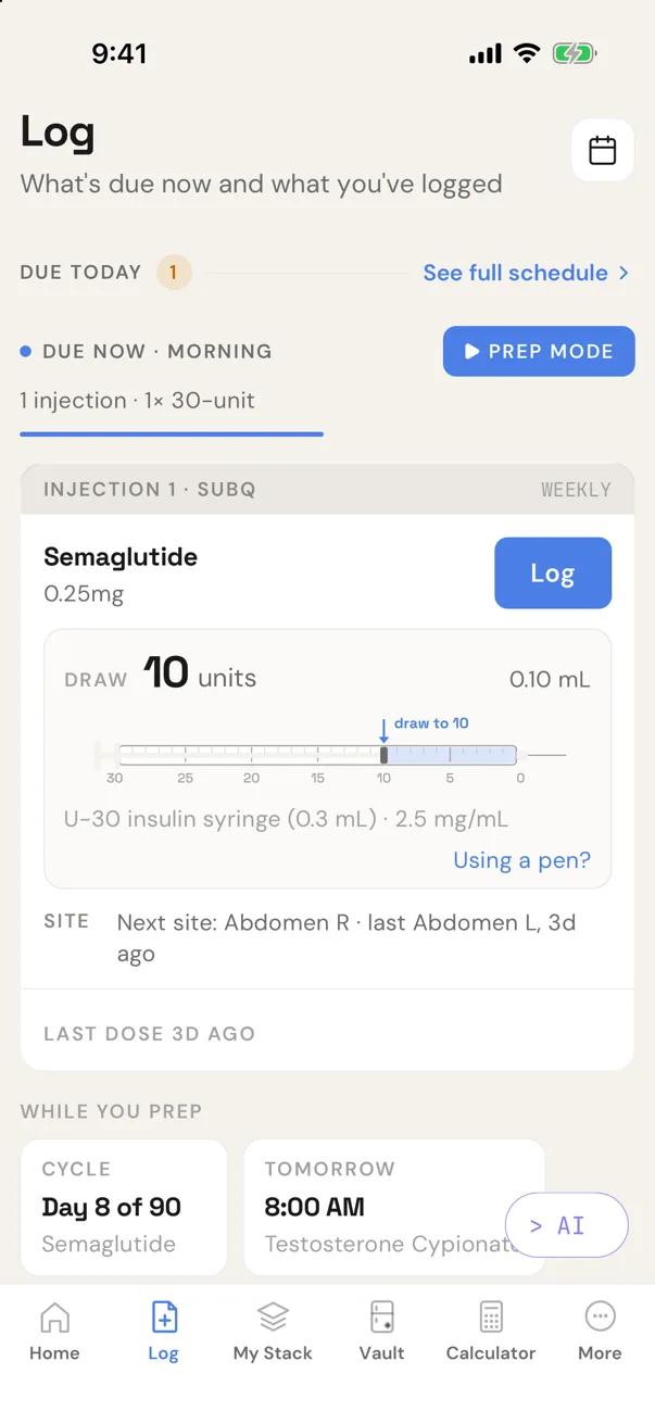 PeptideLab Log tab: a weekly semaglutide dose due now, drawn as 10 units on a U-30 syringe, with the next injection site