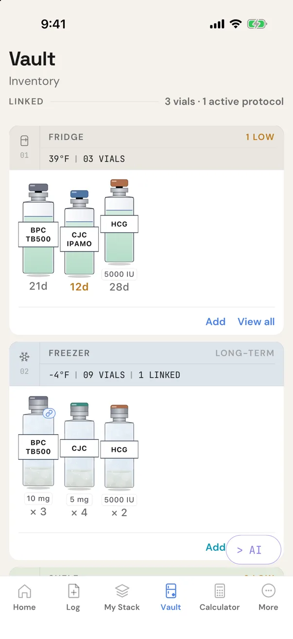 PeptideLab Vault: BPC-157/TB-500, CJC-1295/ipamorelin and HCG vials in the fridge with days remaining, and long-term stock in the freezer